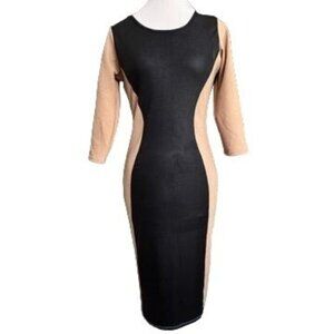Love Chesley Black & Tan Colorblock Bodycon Dress 3/4 Sleeve Medium Midi Texture
